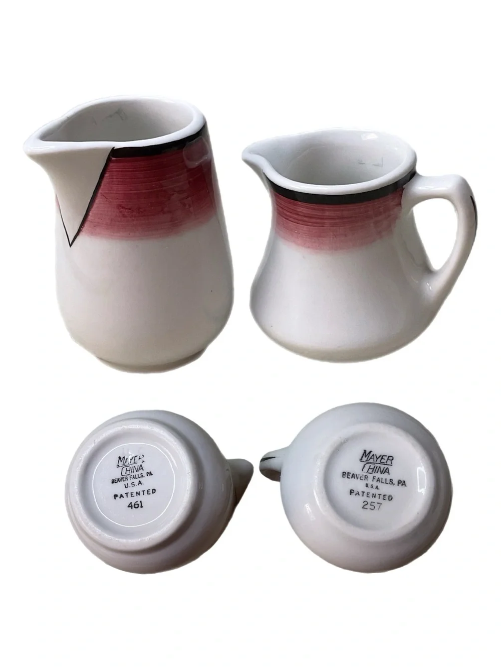 VTG Mayer China Creamer & Syrup Pitcher Set Maroon Black 50s/60s Restaurant Ware